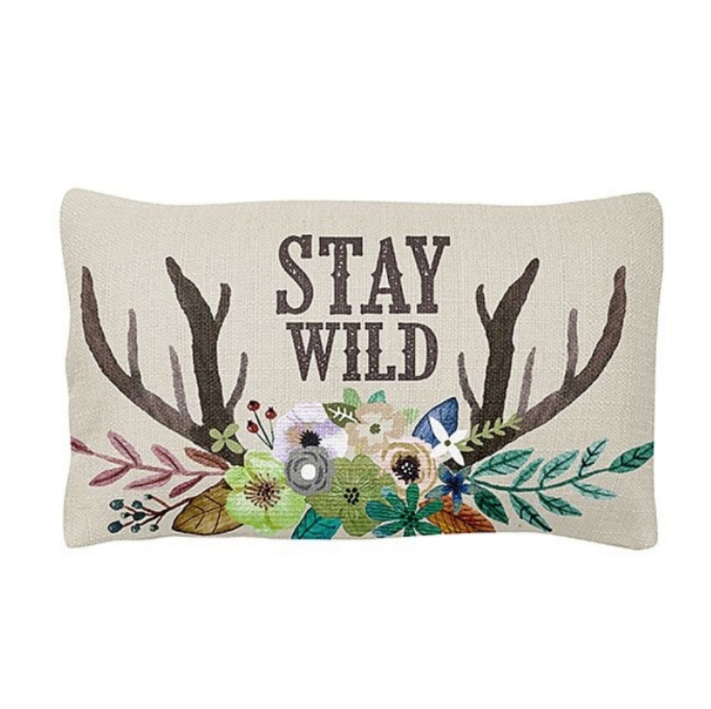 Beige 'Stay Wild' Floral Antler Pillow